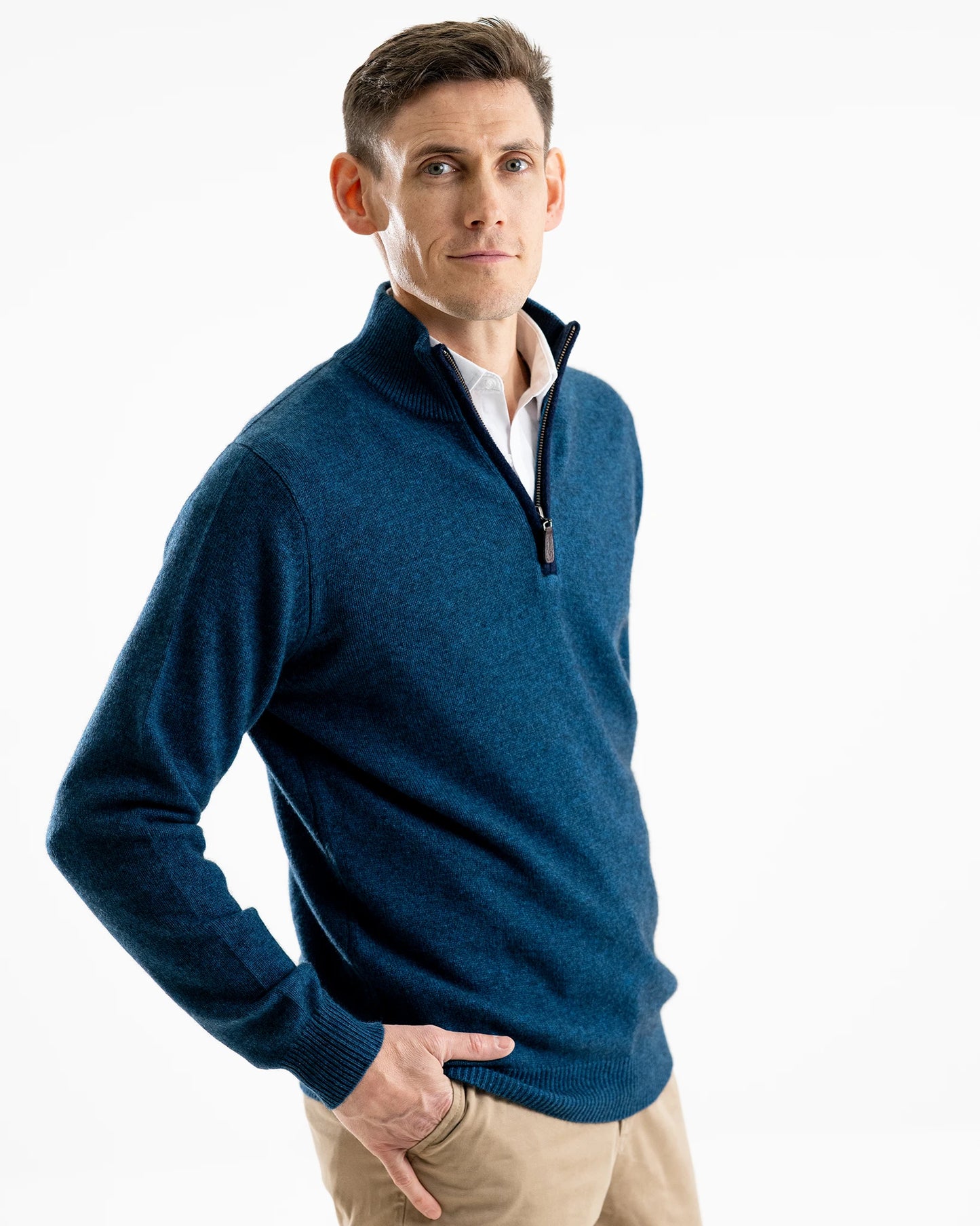 Cashmere and Merino Zip Neck Jumper - Ocean Blue