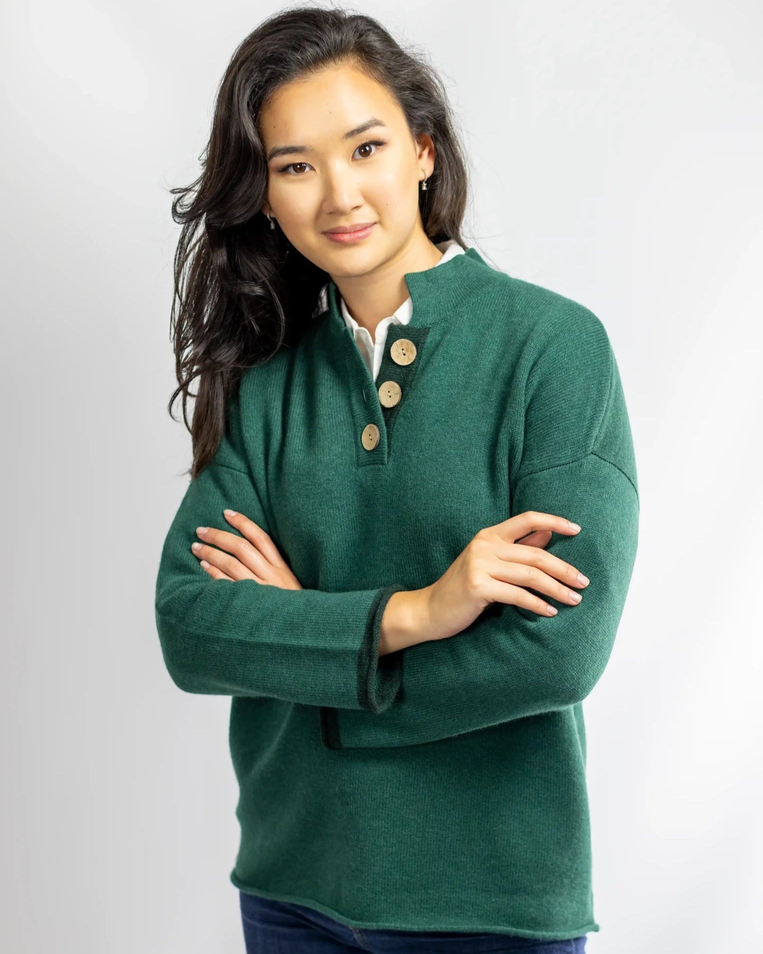 Cashmere and Merino High Collar Jumper Myrtle Green Misty Cashmere
