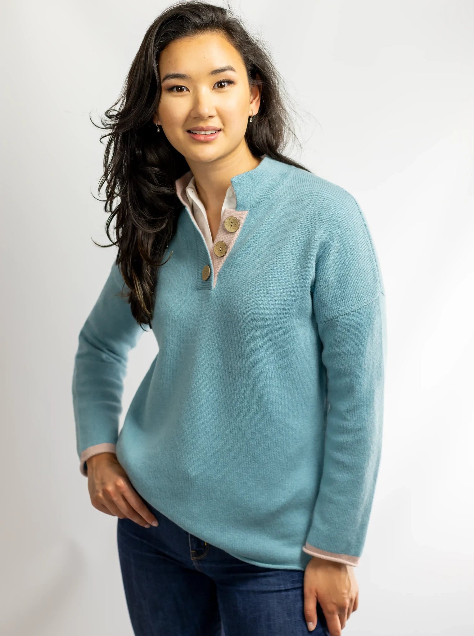 Women s Cashmere and Merino High Collar Jumper Duck Egg Blue Misty Cashmere