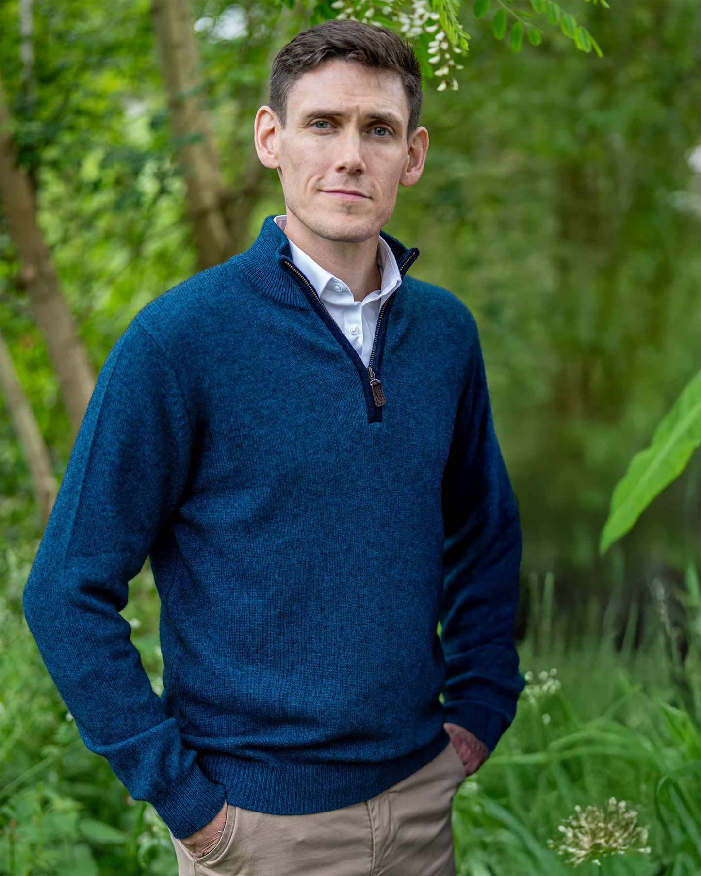 men's zip neck jumper in mid weight cashmere and merino ocean blue