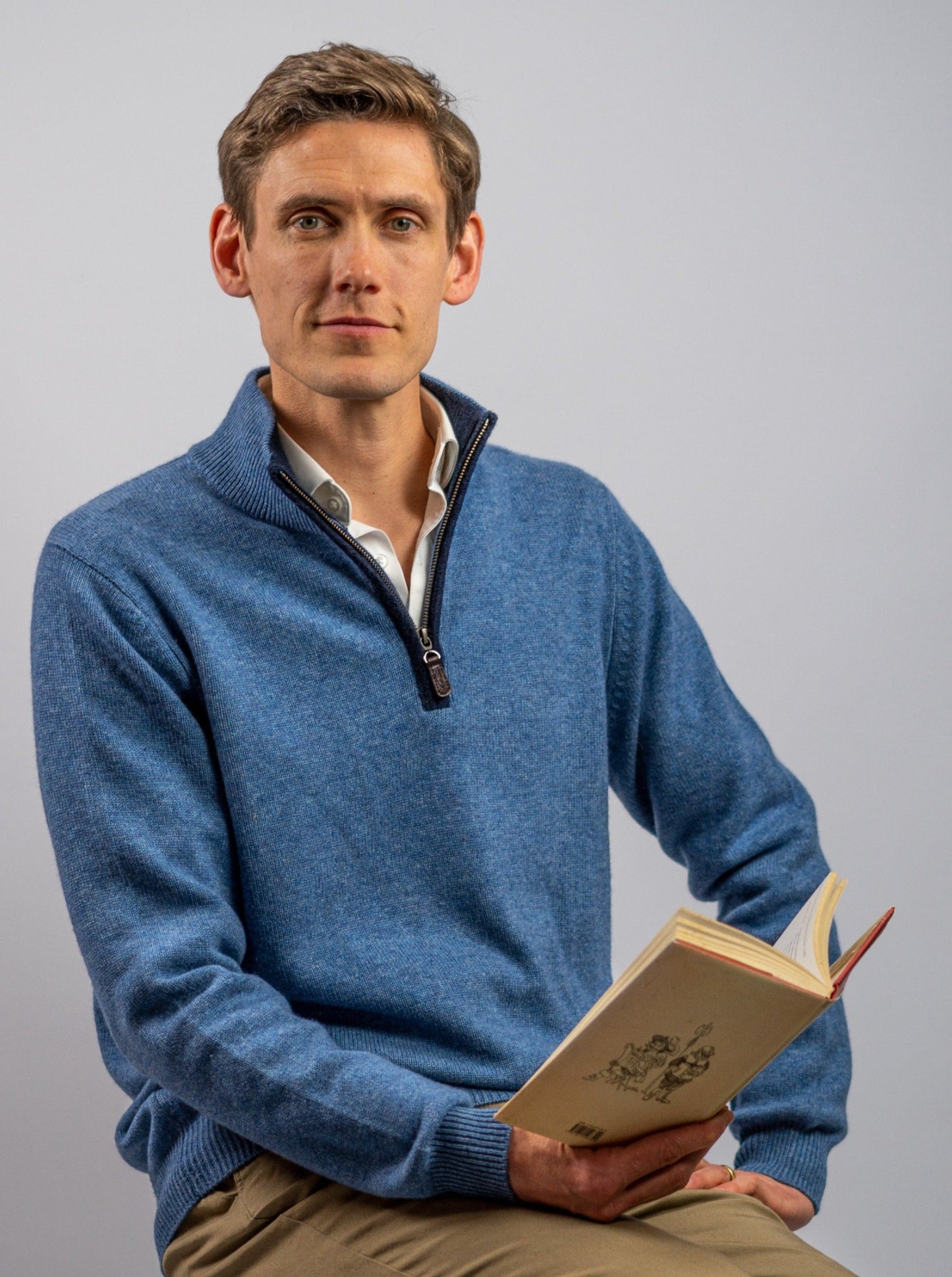 Cashmere and Merino Zip Neck Jumper | Marine Blue