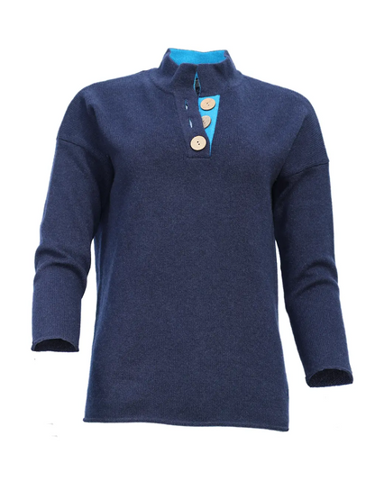 high collar jumper sweater in navy and turquoise with large natural coconut buttons from misty cashmere