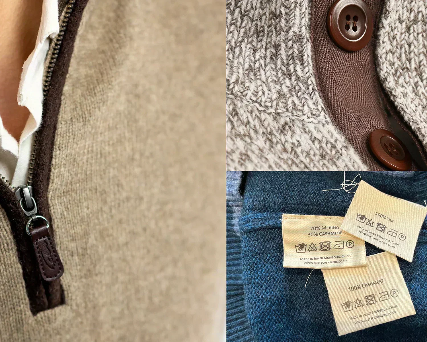 Three images showing corozo buttons, boiled wool trim to the zip on men's sweater and image of GOTS organic cotton clothing labels