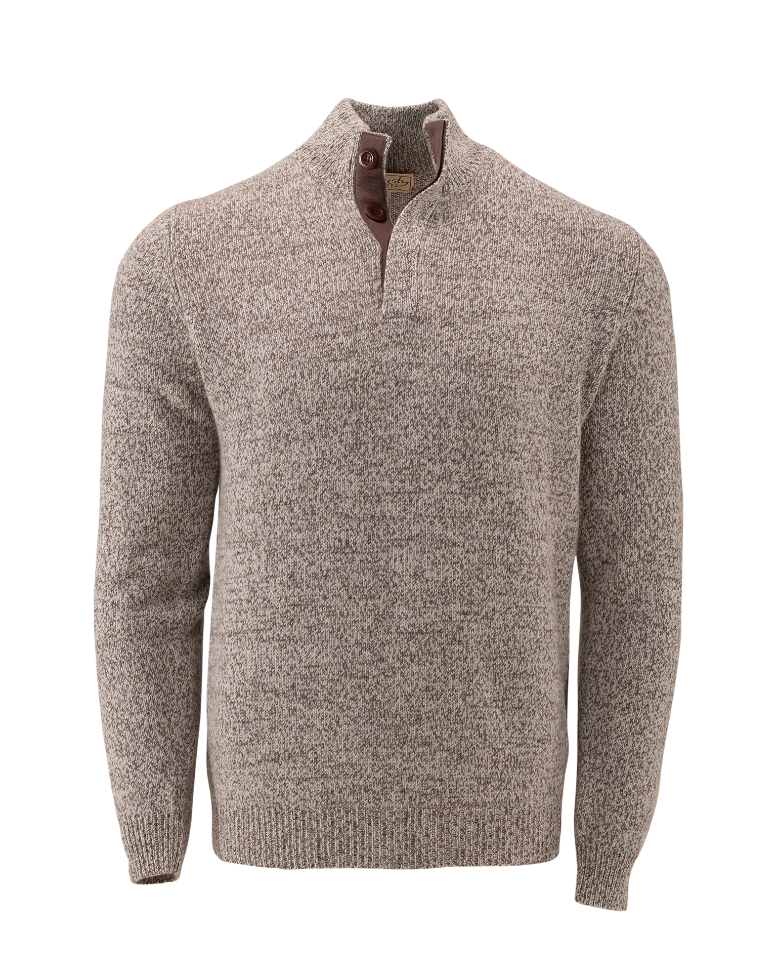 Gray marl cashmere sweater with a brown collar on a white background