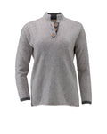 Gray long-sleeve shirt with large coconut buttons on a white background