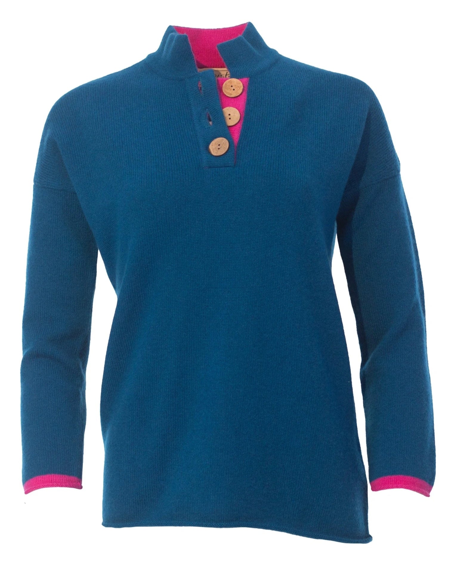 Women's high collar jumper in Aztec blue with pink details and coconut buttons by Misty Cashmere