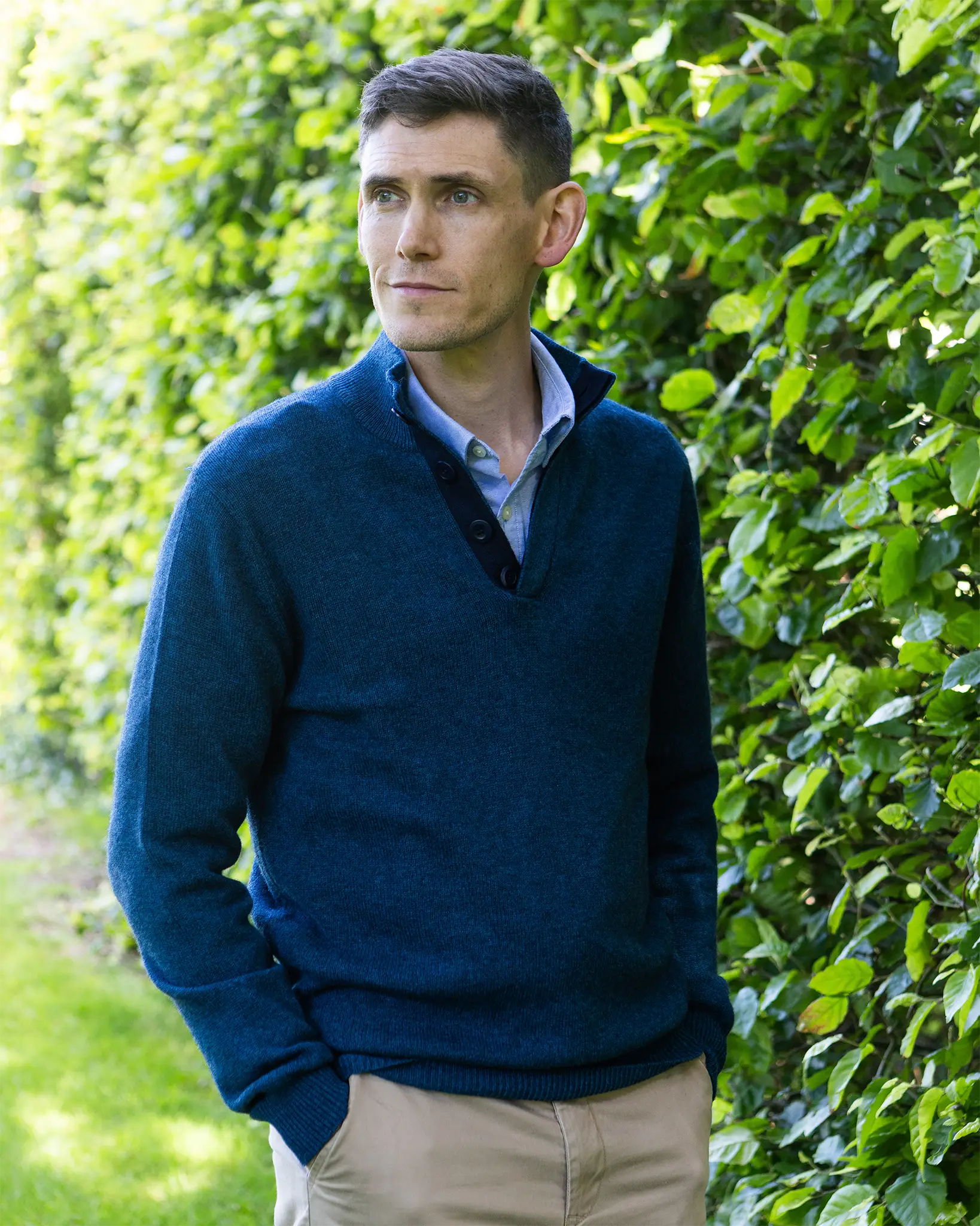 Cashmere and Merino Button Neck Jumper - Ocean Blue