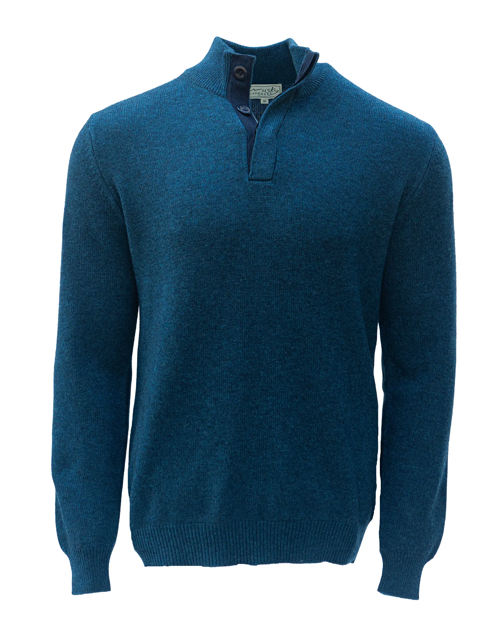 Cashmere and Merino Button Neck Jumper - Ocean Blue