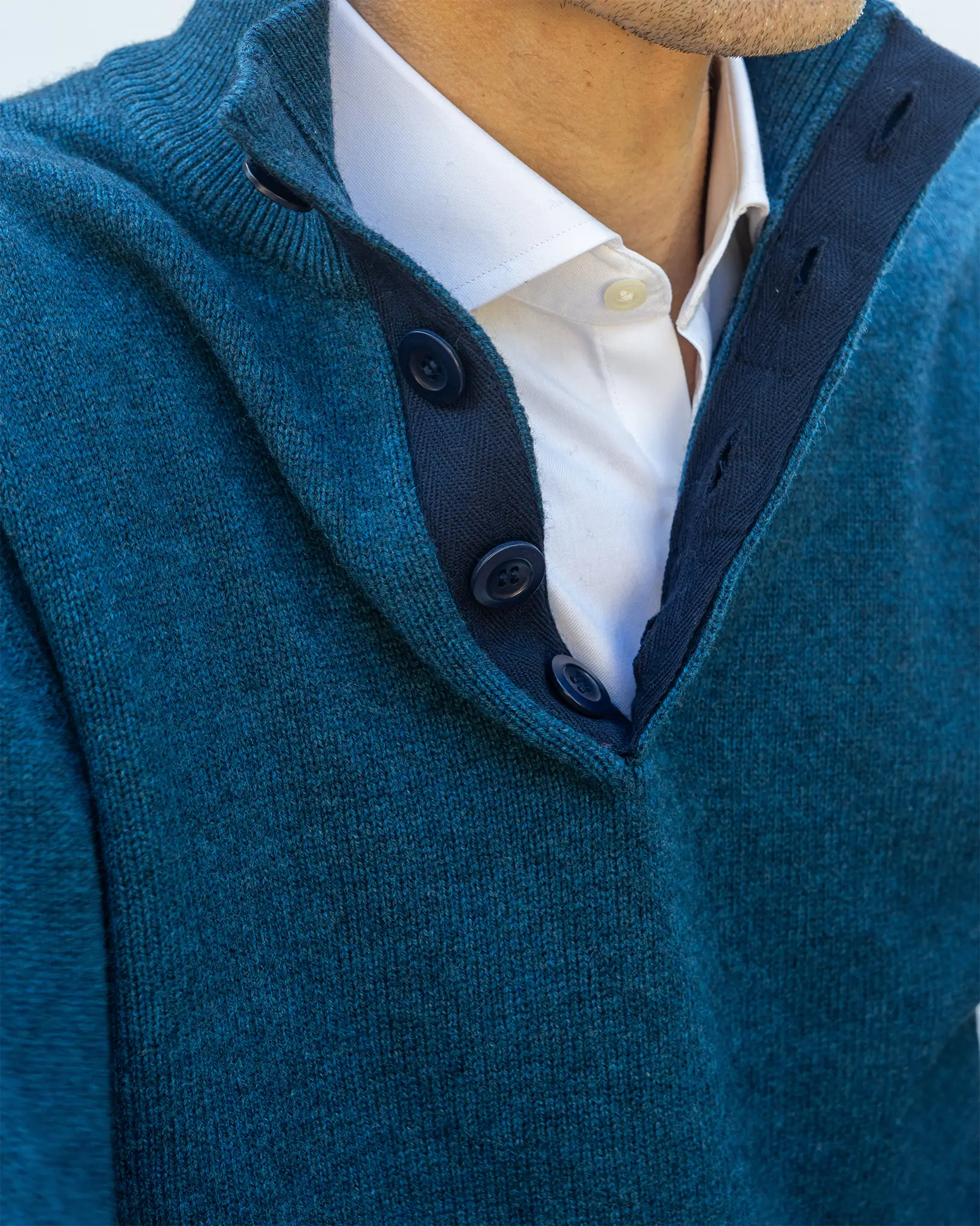 Cashmere and Merino Button Neck Jumper - Ocean Blue