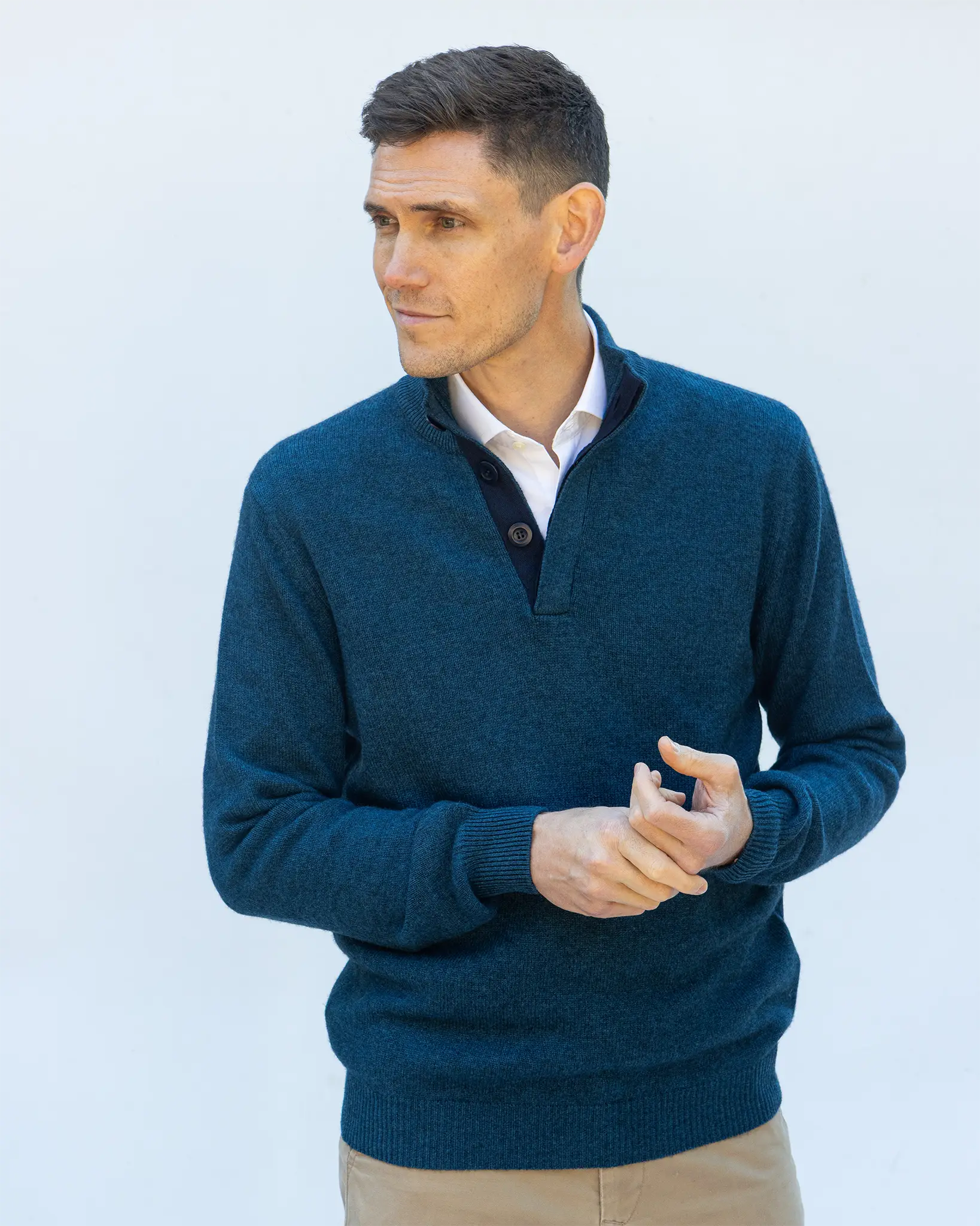 Cashmere and Merino Button Neck Jumper - Ocean Blue