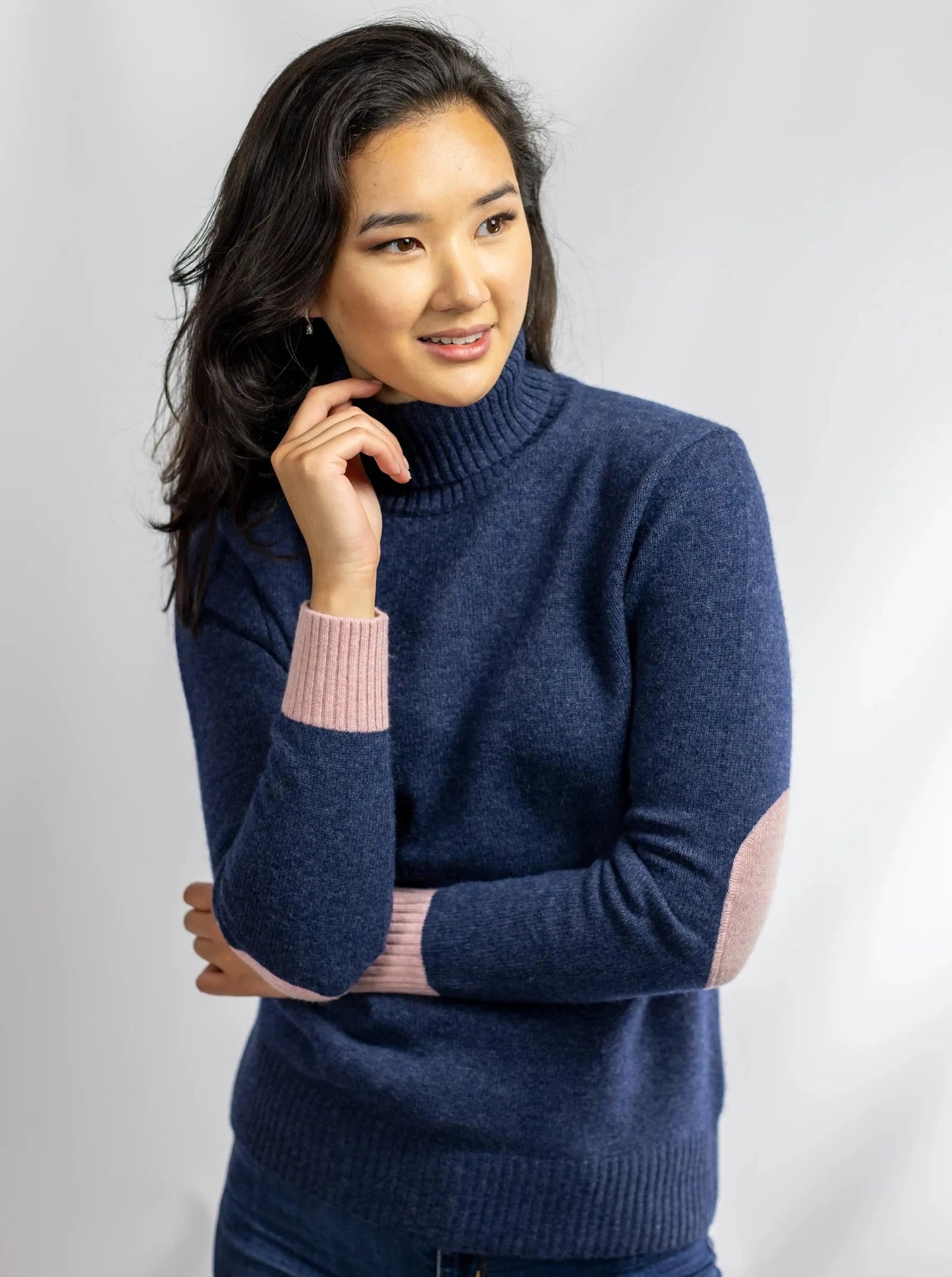 Load image into Gallery viewer, Womens roll neck jumper with pale pink elbow patches and cuff ends in cashmere and merino from Misty Cashmere.
