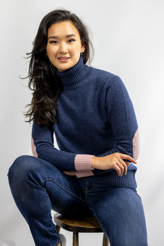 Cashmere Merino Roll Neck Jumper | Aegean Blue with Pink