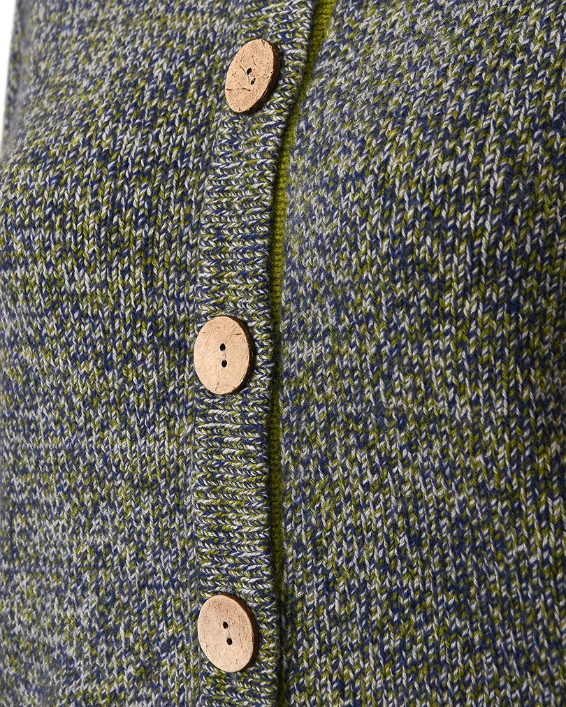 Close-up of knitted cashmere sweater in blue and green with coconut buttons
