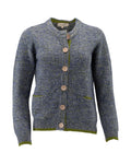 Knitted cashmere cardigan in green and blue with coconut button details on a white background