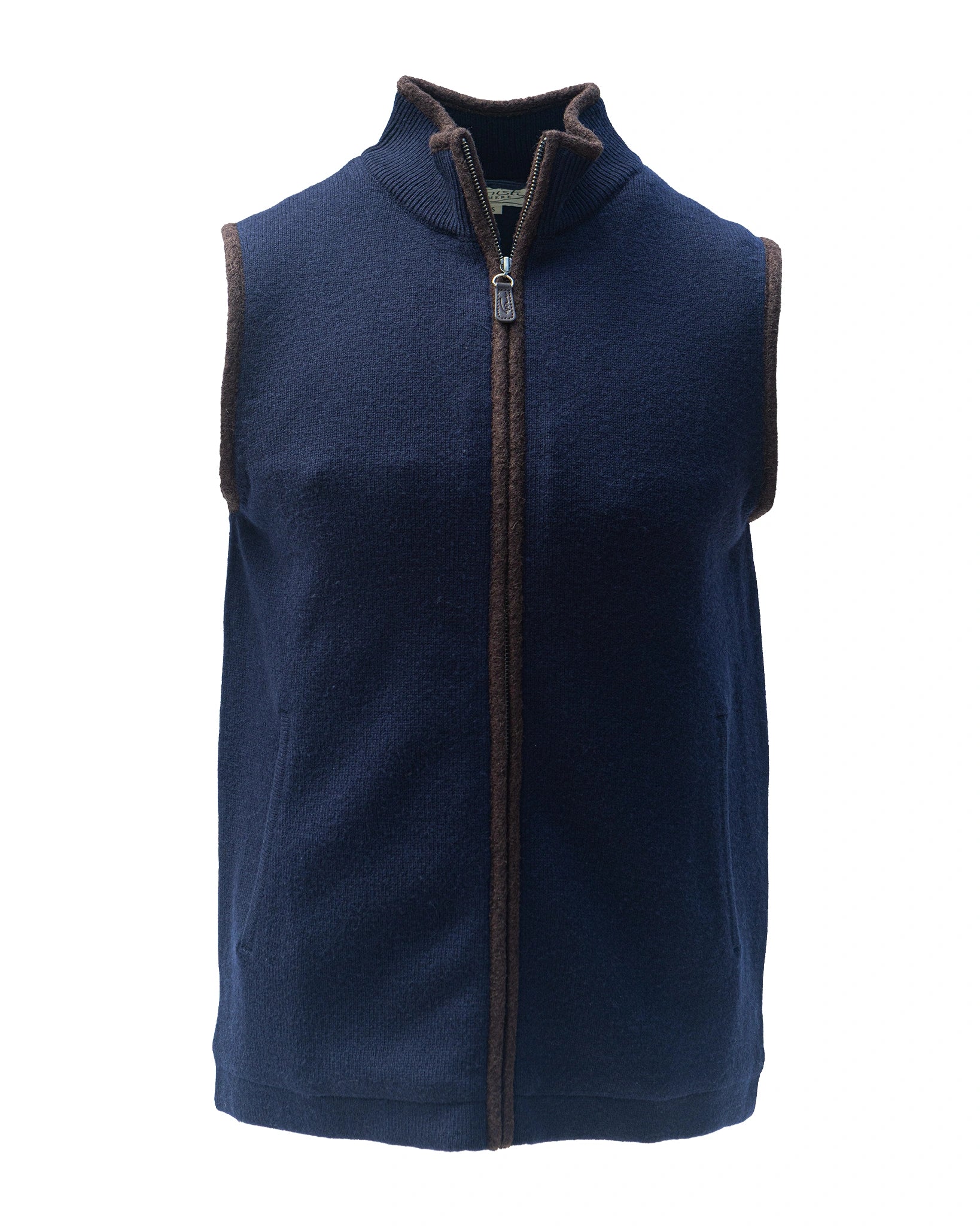 Navy blue gilet with brown boiled wool zip trim on a white background