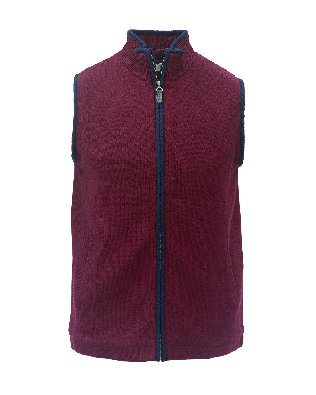 Maroon gilet with a zipper and boiled wool trim to zip and sleeve openings in boiled wool on a white background