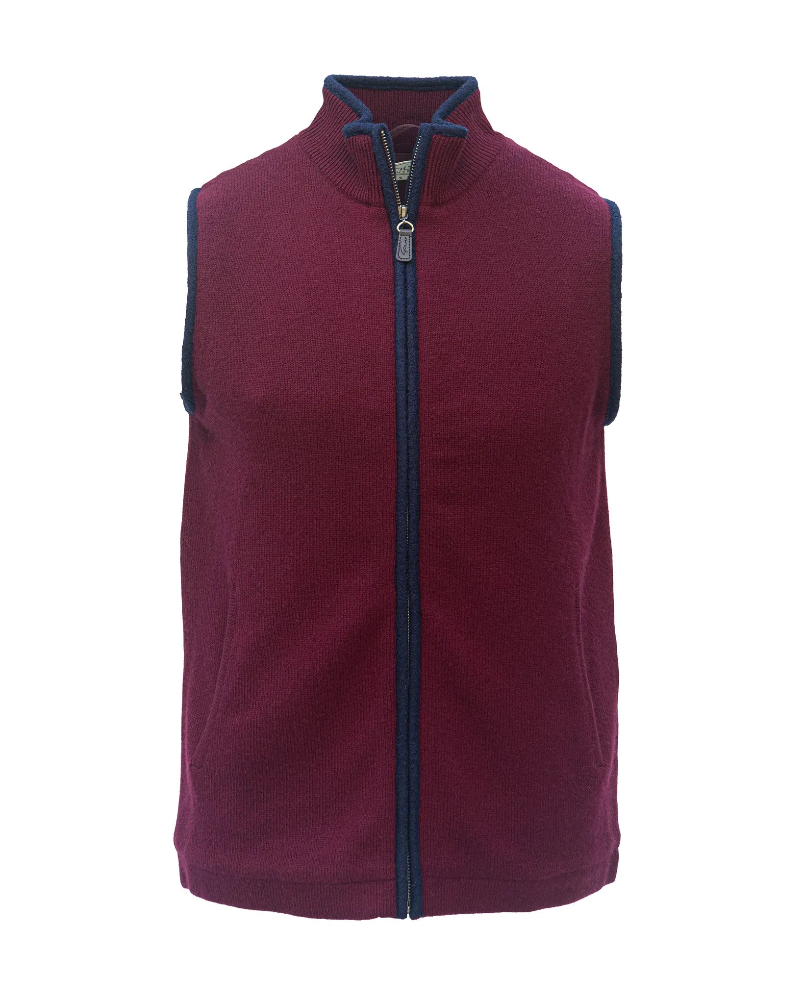 Maroon gilet with a zipper and boiled wool trim to zip and sleeve openings in boiled wool on a white background