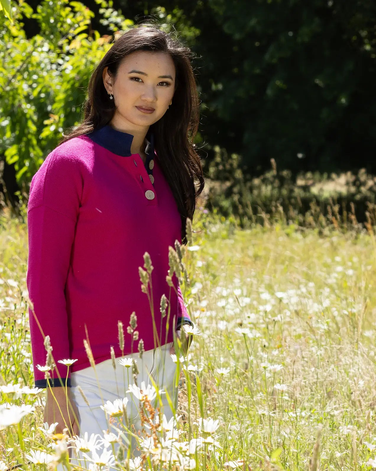 Cashmere and Merino High Collar Jumper - Cerise