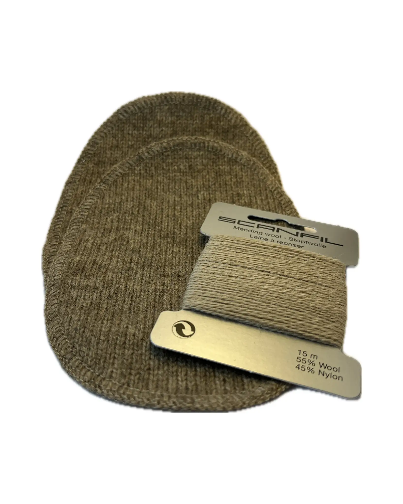 Beige elbow patch for repairing knitwear with spare yarn