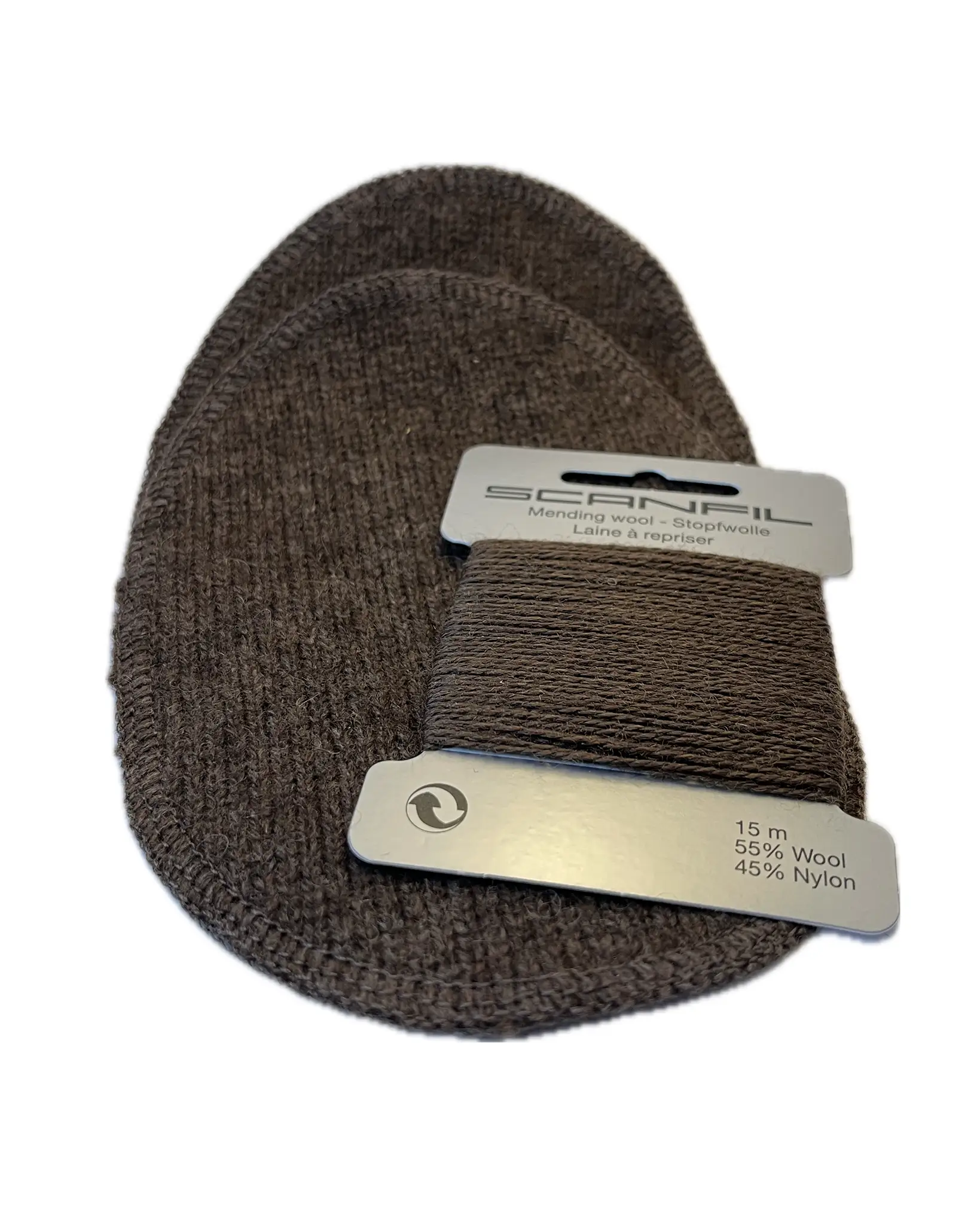 Elbow patch with repair yarn for mending sweaters in brown yak