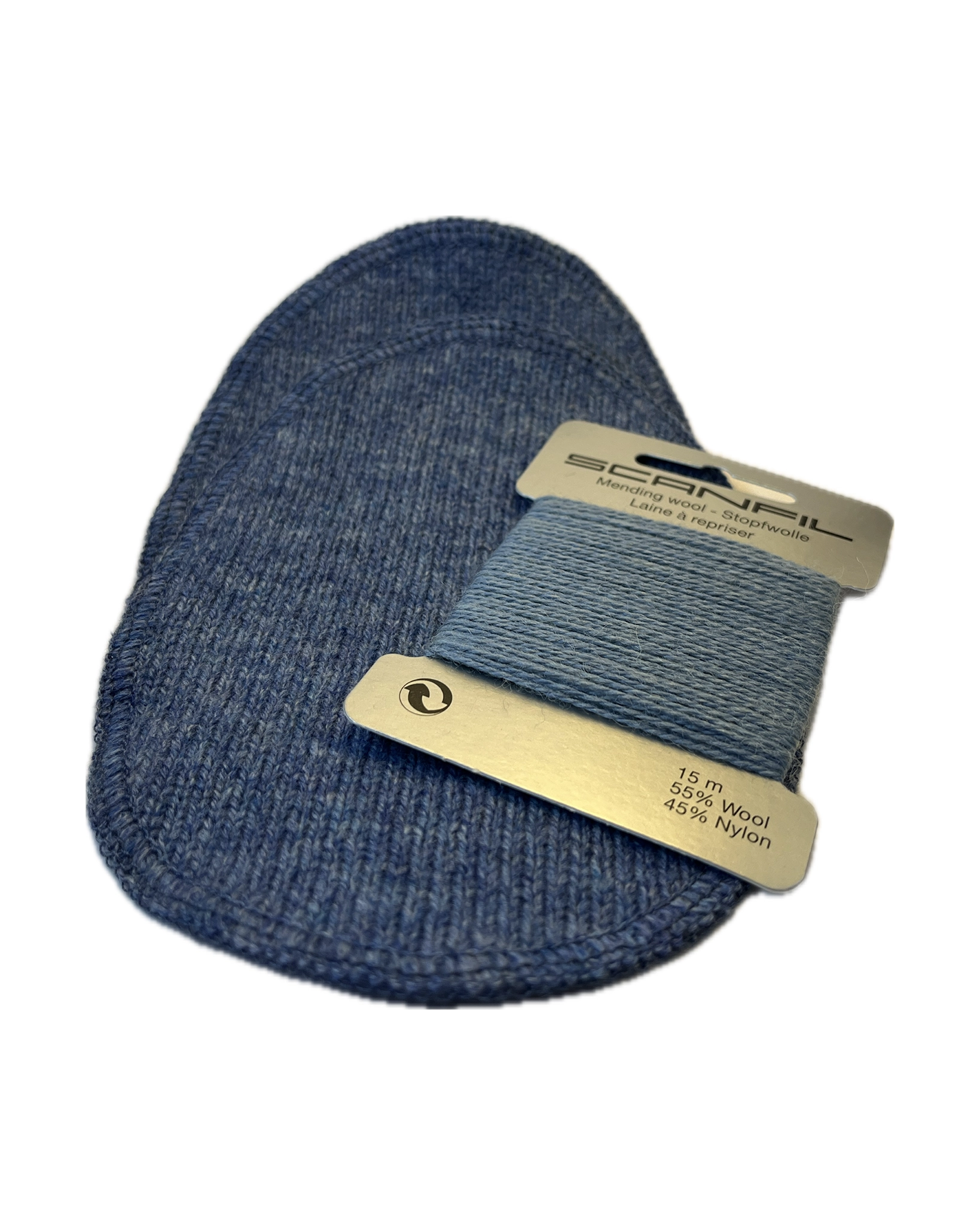 Elbow patch knitted in marine blue with spare yarn for sweater repairs
