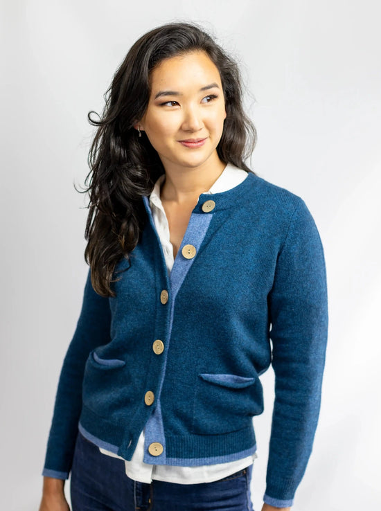 Load image into Gallery viewer, Cashmere and Merino Pocket Cardigan | Ocean and Marine Blue
