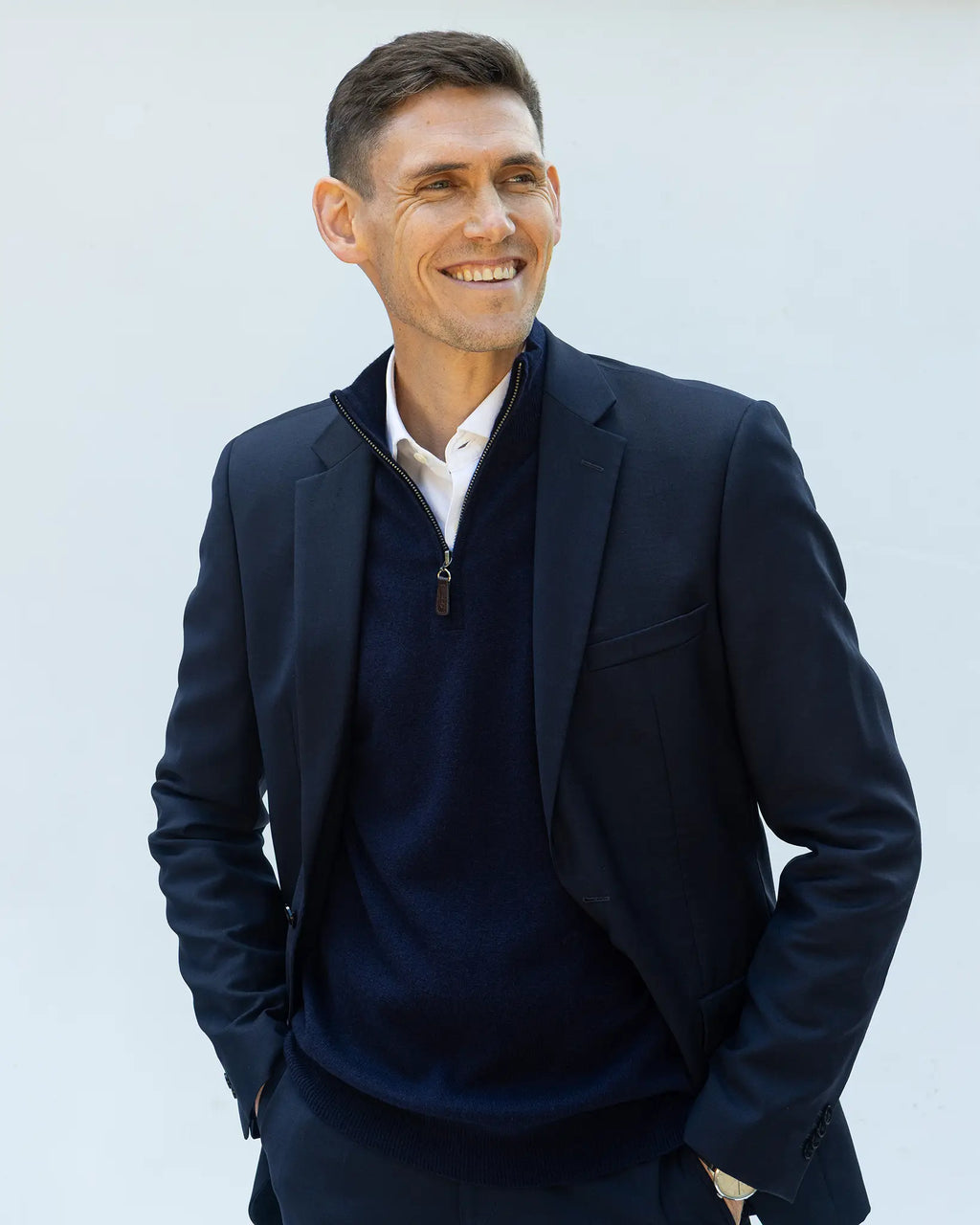 Cashmere and Merino Fine Knit Zip Neck Jumper - Navy