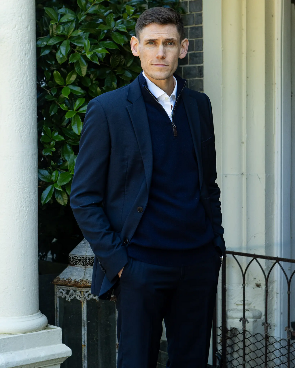 Cashmere and Merino Fine Knit Zip Neck Jumper - Navy