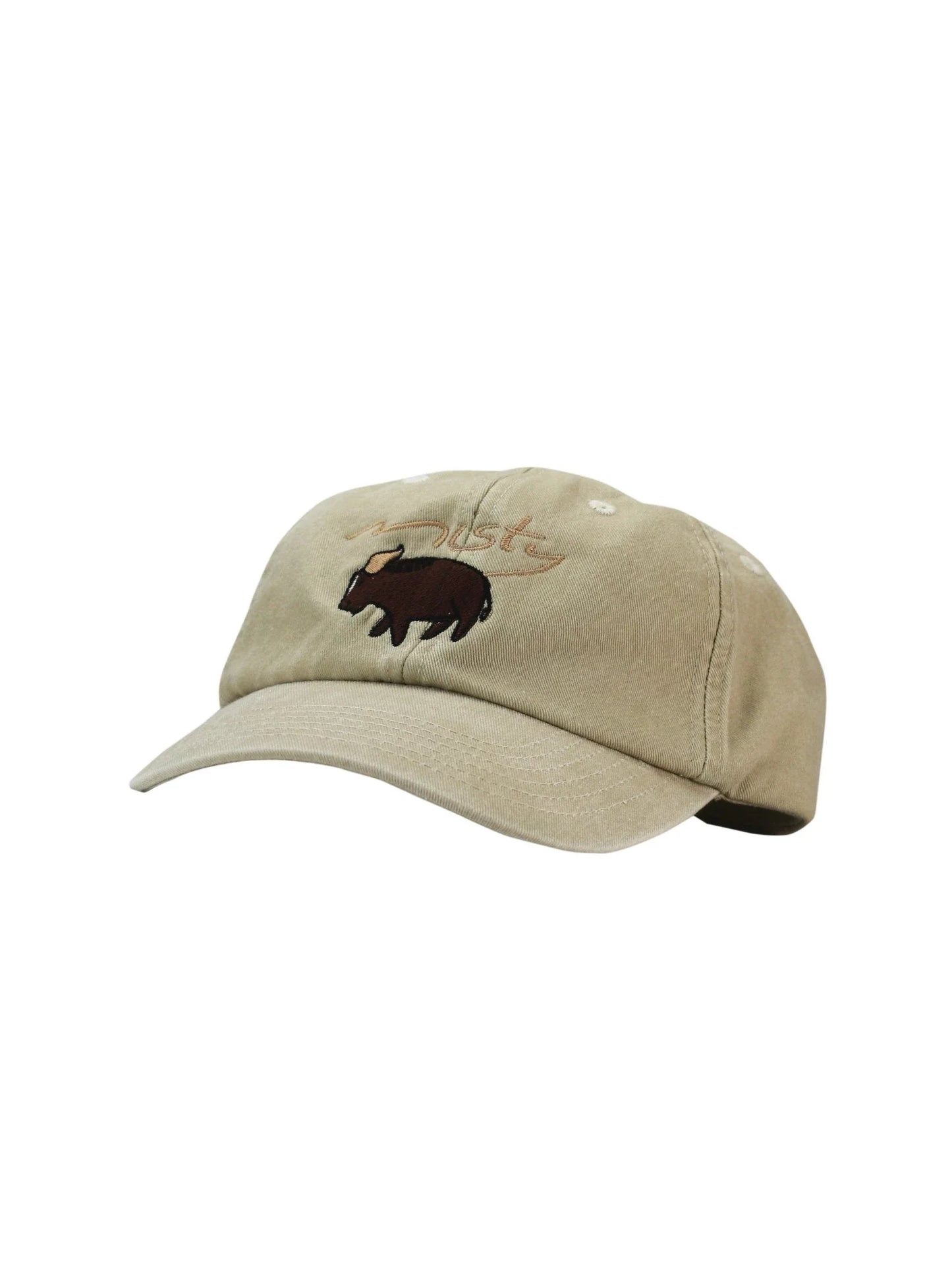 Cap in vintage cotton in stone with yak and Misty Cashmere logo.
