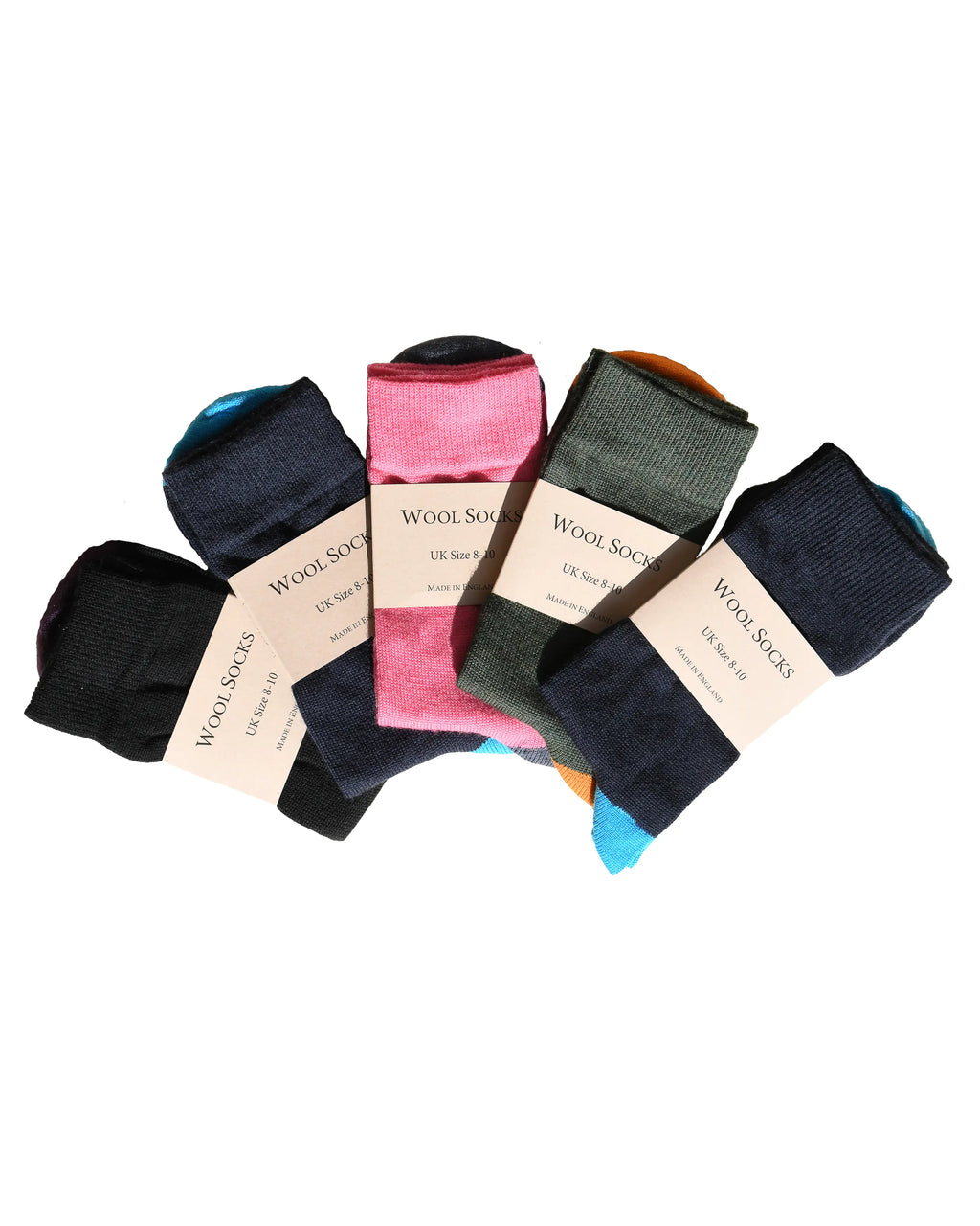 six pairs of wool socks with on a white background in different colours