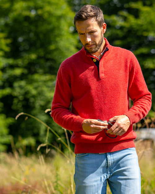Cashmere and Merino Button Neck Jumper - Burnt Coral