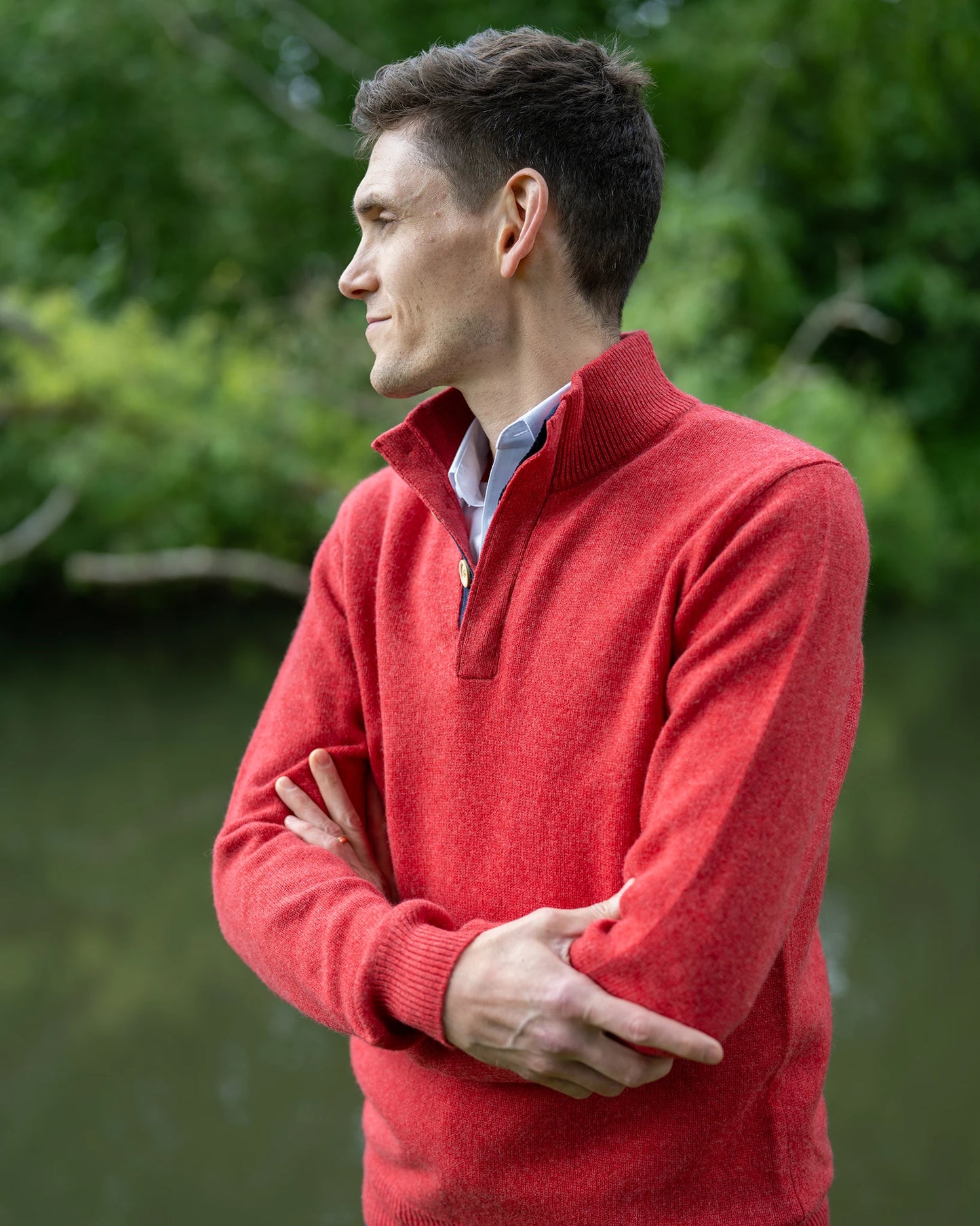 Cashmere and Merino Button Neck Jumper - Burnt Coral