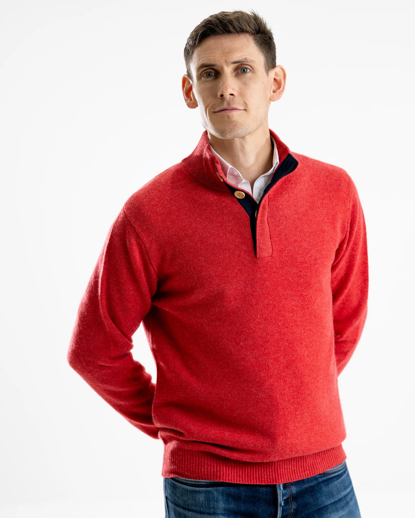 Cashmere and Merino Button Neck Jumper - Burnt Coral