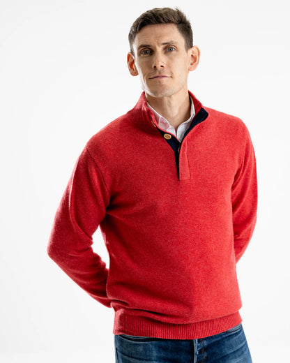 Cashmere and Merino Button Neck Jumper - Burnt Coral
