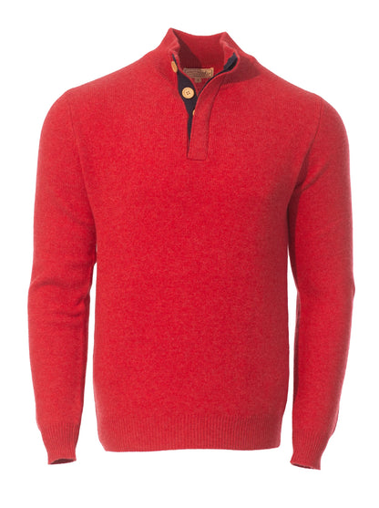 mens' quarter neck jumper sweater with button opening cashmere merino in orange red melange cashmere merino from Misty Cashmere