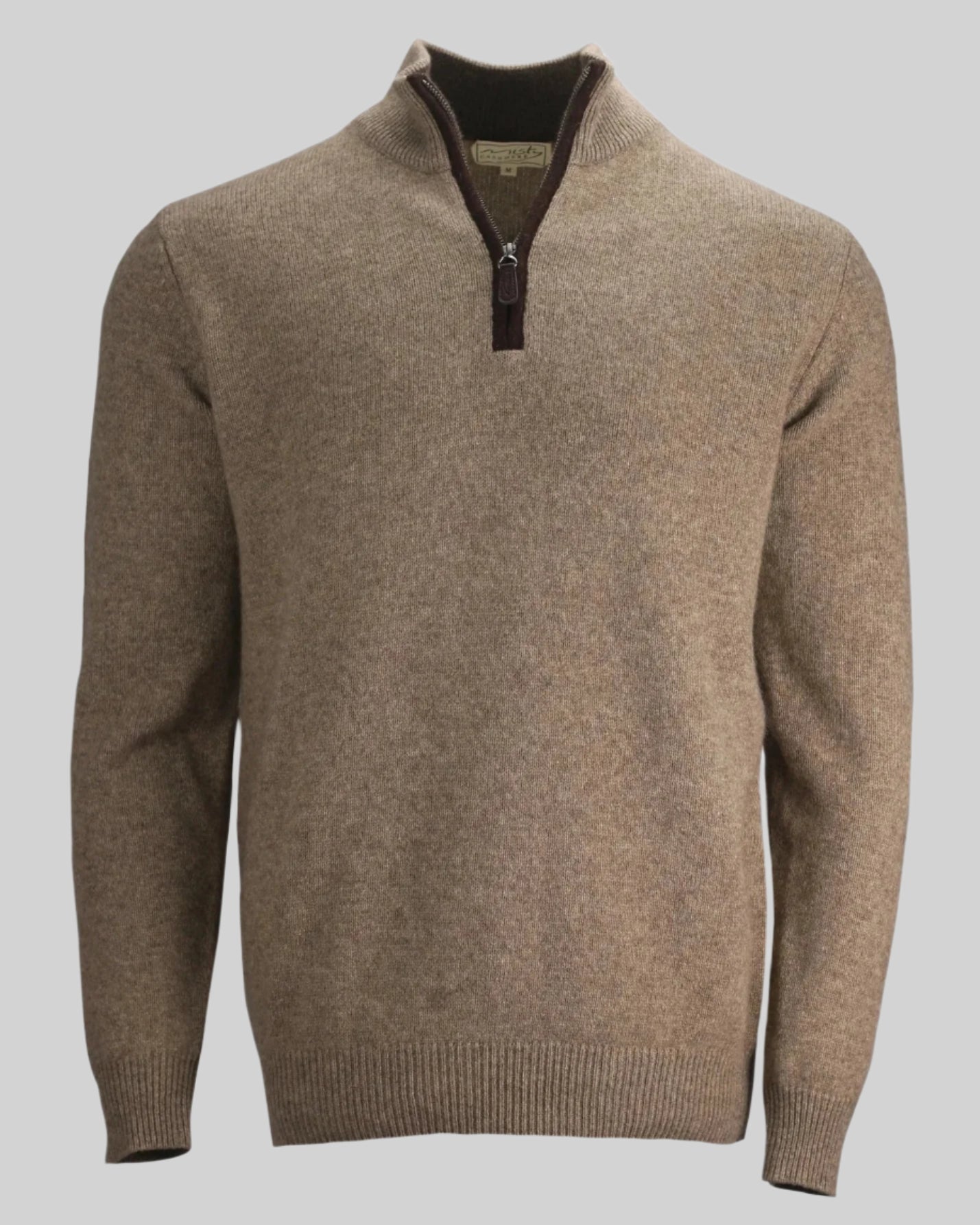 Men's zip neck jumper in sustainable natural light yak yarn with boiled wool trim by Misty Cashmere