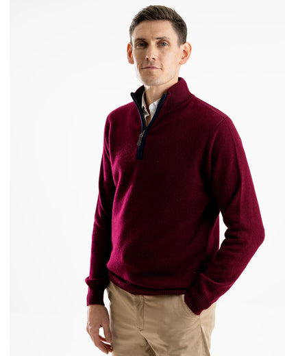 Men's zip neck jumper in cashmere and merino with navy boiled wool zip trim in studio