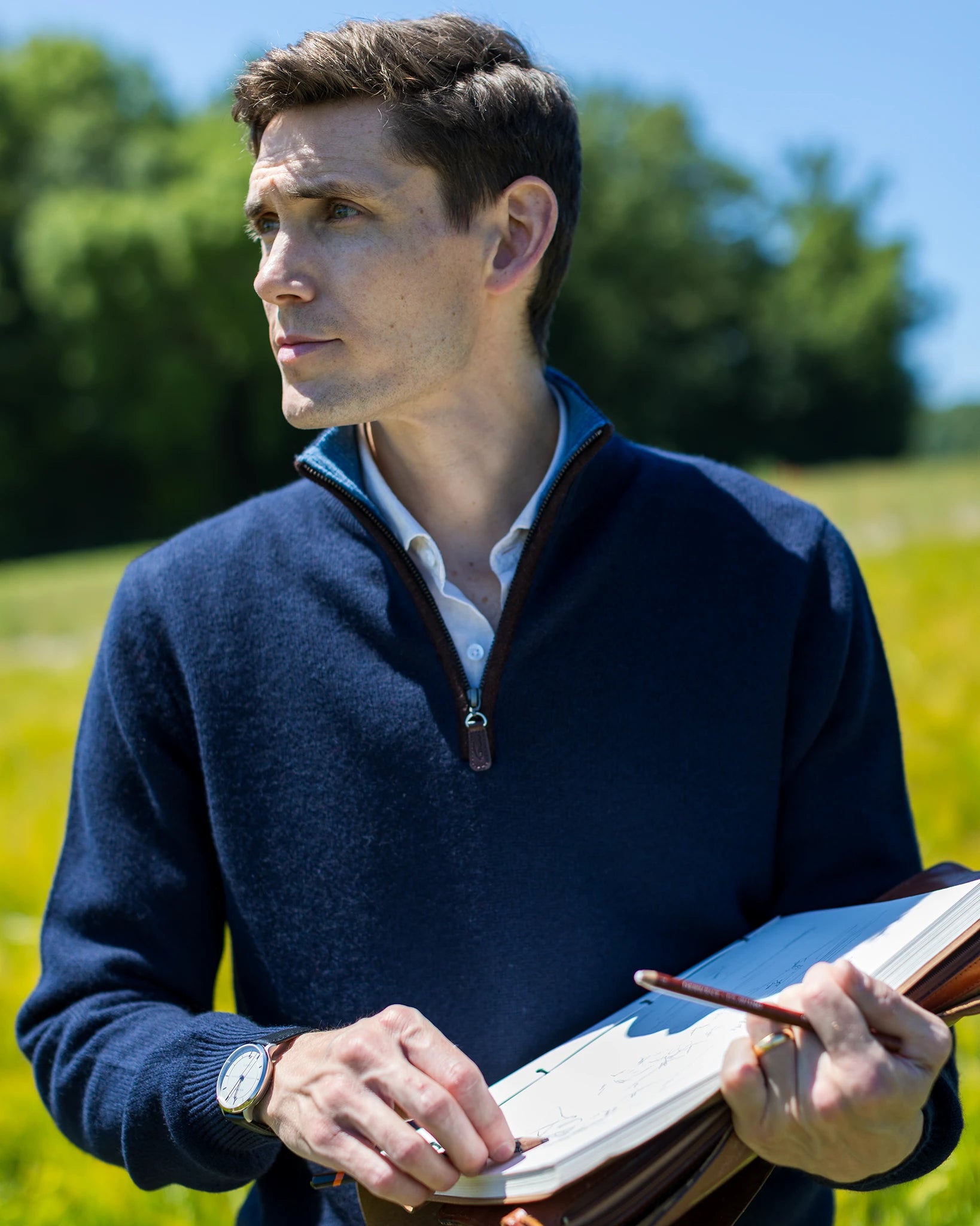 Cashmere and Merino Zip Neck Jumper - Navy