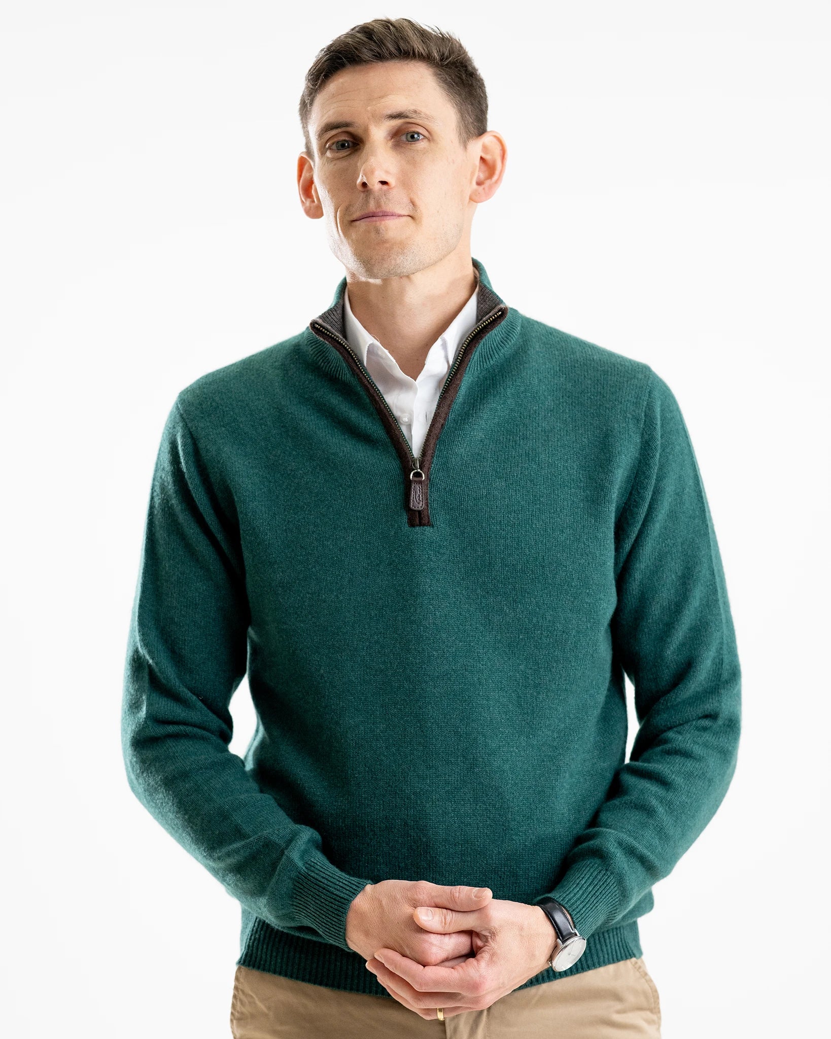 Cashmere and Merino Zip Neck Jumper - Fern Green