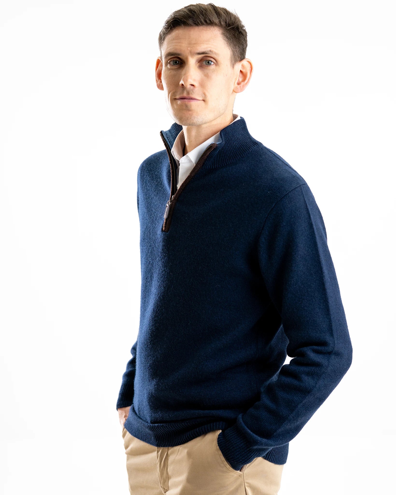 Cashmere and Merino Zip Neck Jumper - Navy