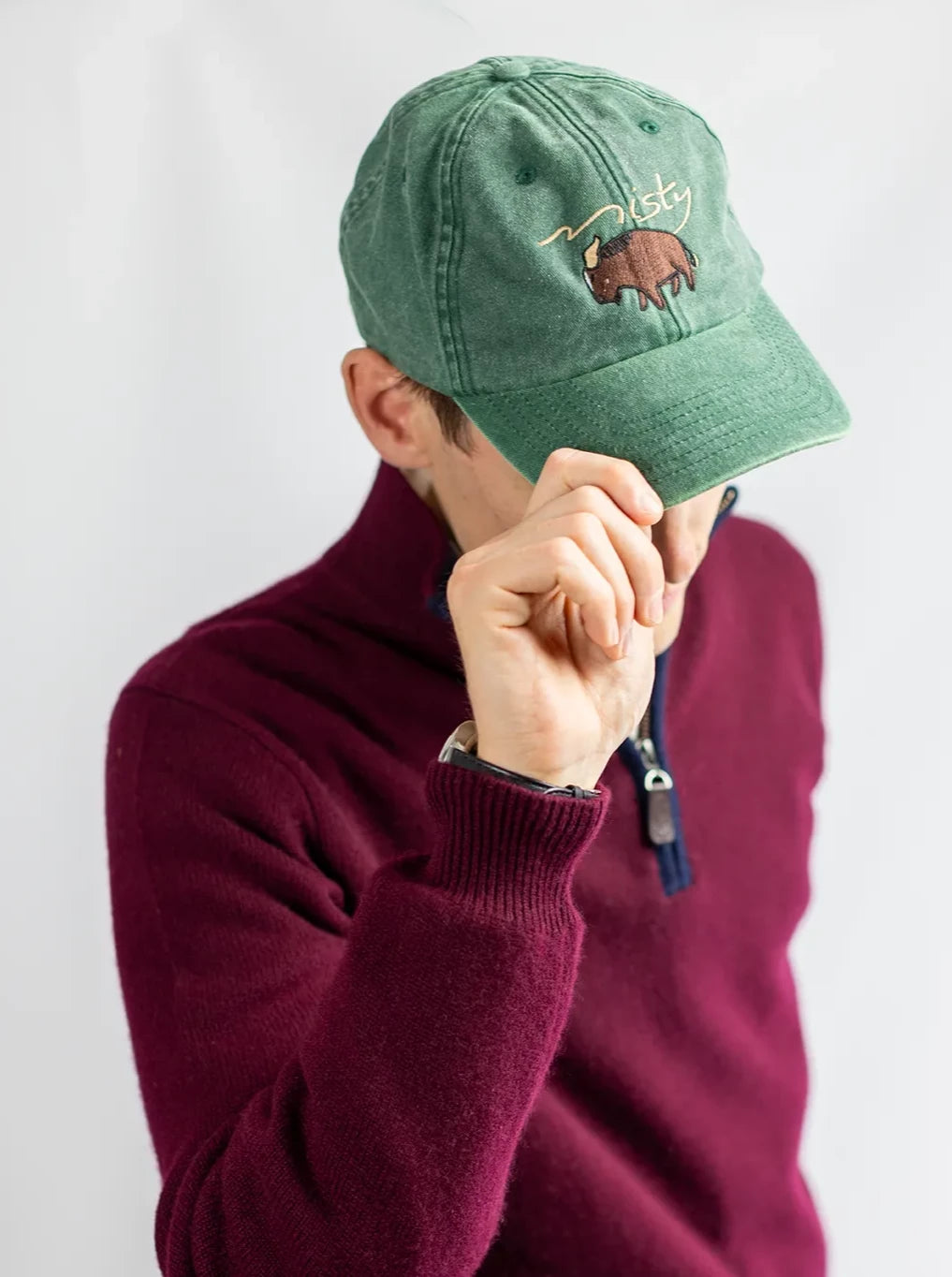 men's cap in vintage green cotton from Misty Cashmere