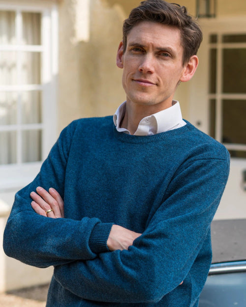 Cashmere and Merino Crew Neck Jumper - Ocean Blue