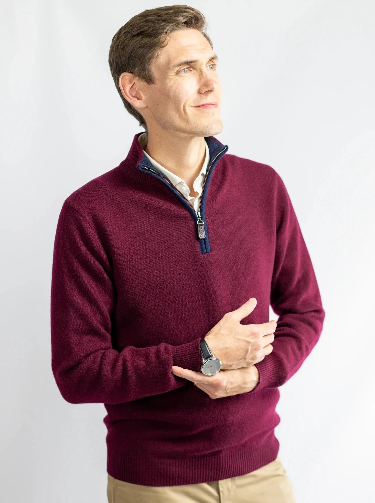 Cashmere and Merino Zip Neck Jumper Burgundy