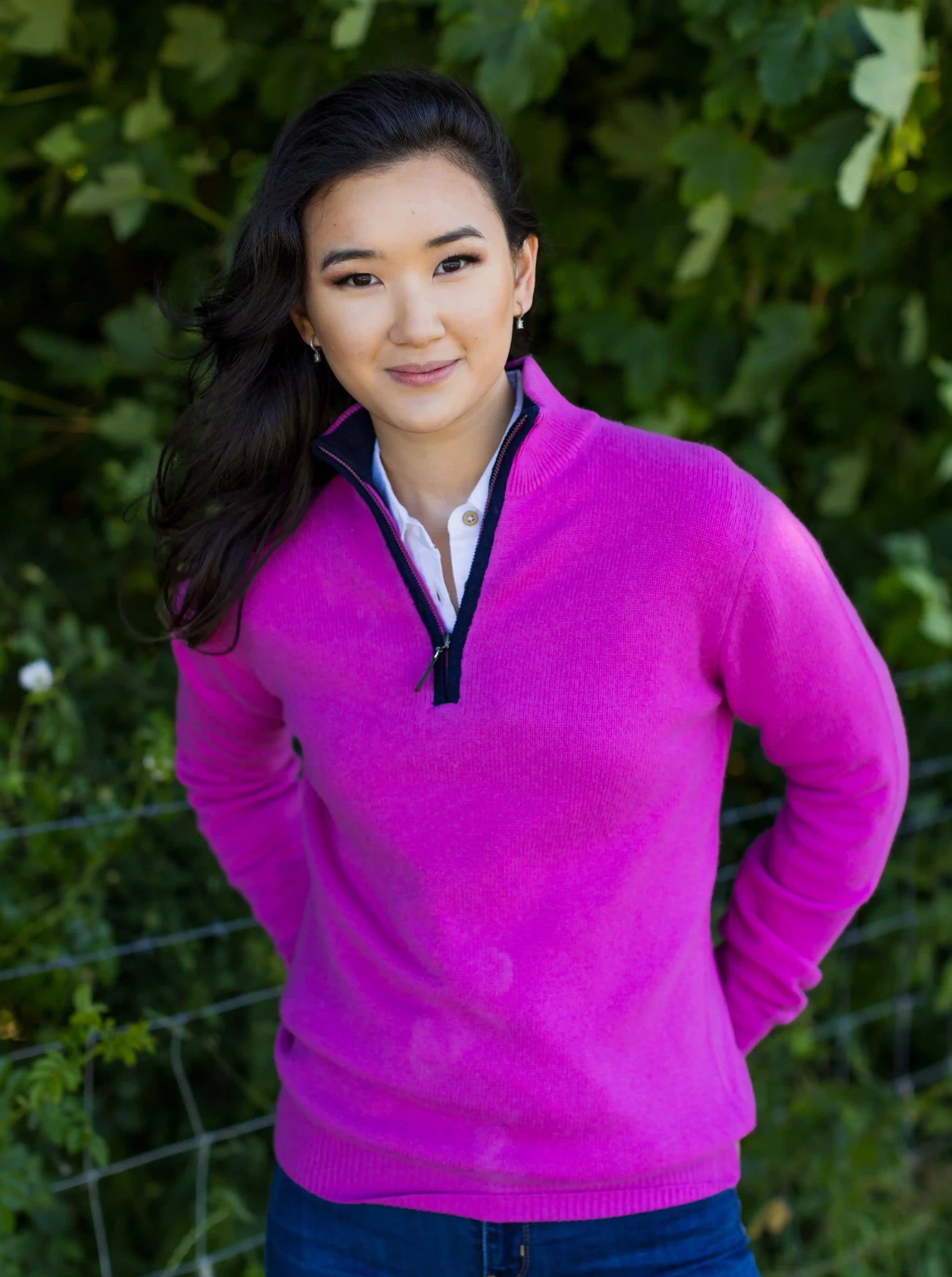 woman's jumper in cashmere and merino in pink with navy zip trim by Misty Cashmere