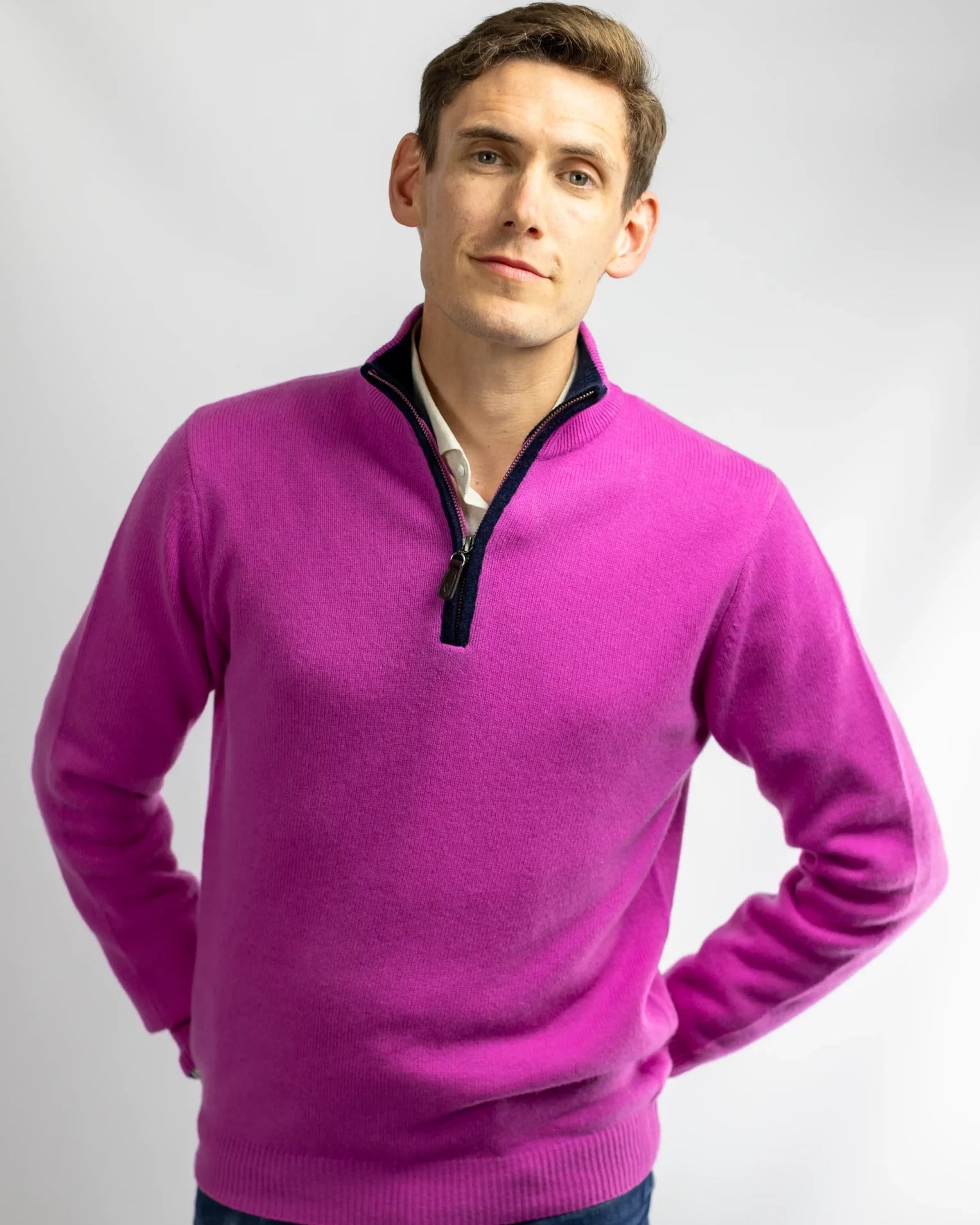 pink sweater for men and women in cashmere and merino with navy boiled wool zip trim by Misty Cashmere