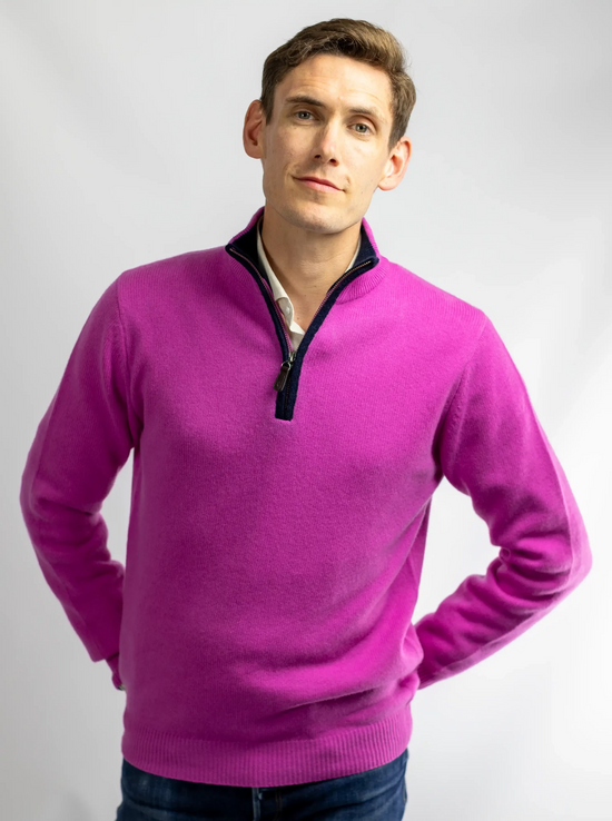 pink sweater for men and women in cashmere and merino with navy boiled wool zip trim by Misty Cashmere