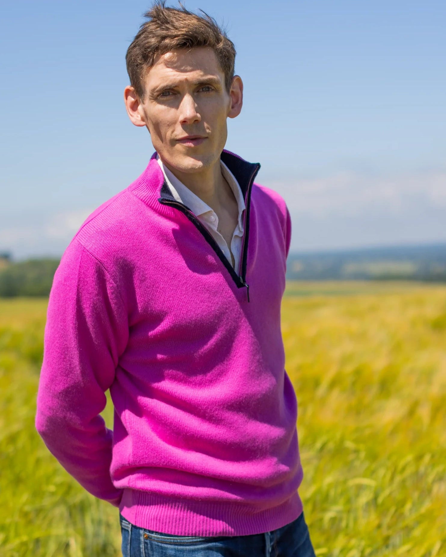 pink sweater in cashmere merino with boiled wool zip trim from Misty Cashmere
