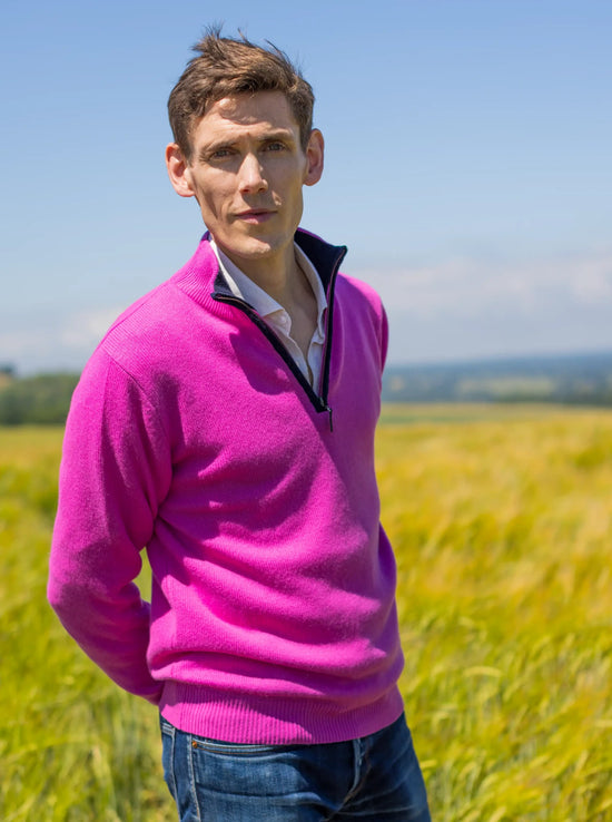 pink sweater in cashmere merino with boiled wool zip trim from Misty Cashmere