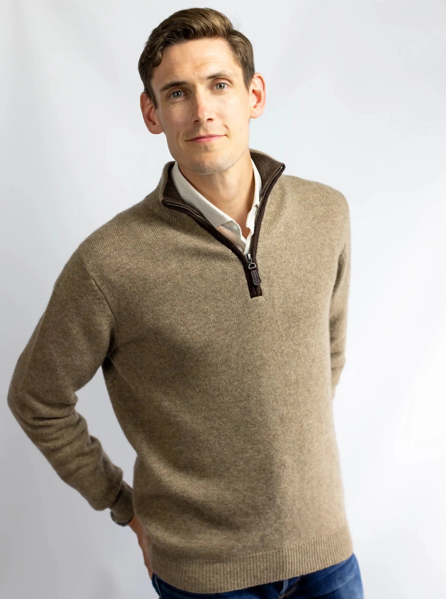 Men's sweater in sustainable undyed light yak yarn quarter zip from Misty Cashmere