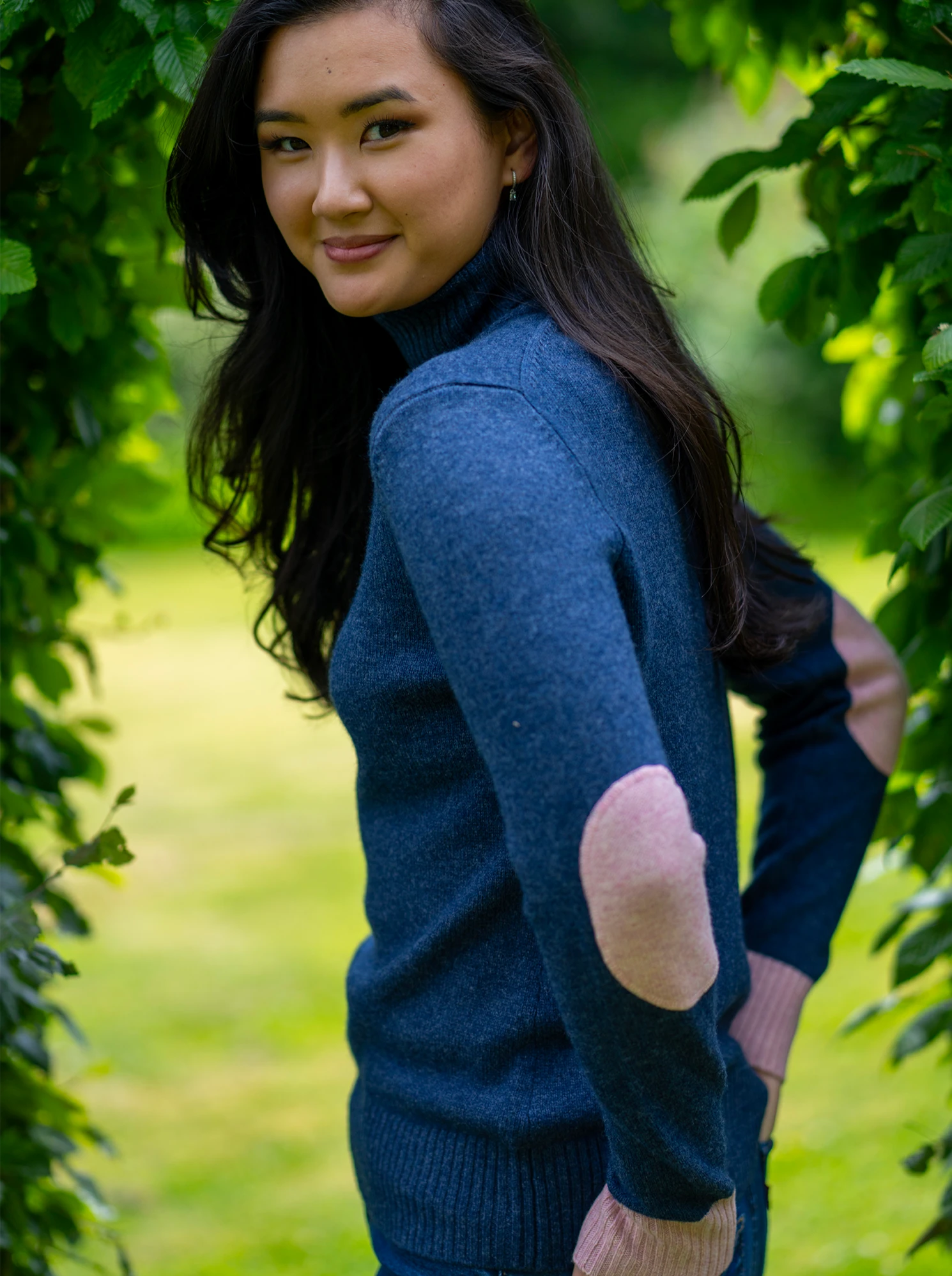 Cashmere and Merino Roll Neck Jumper - Aegean Blue with Pink